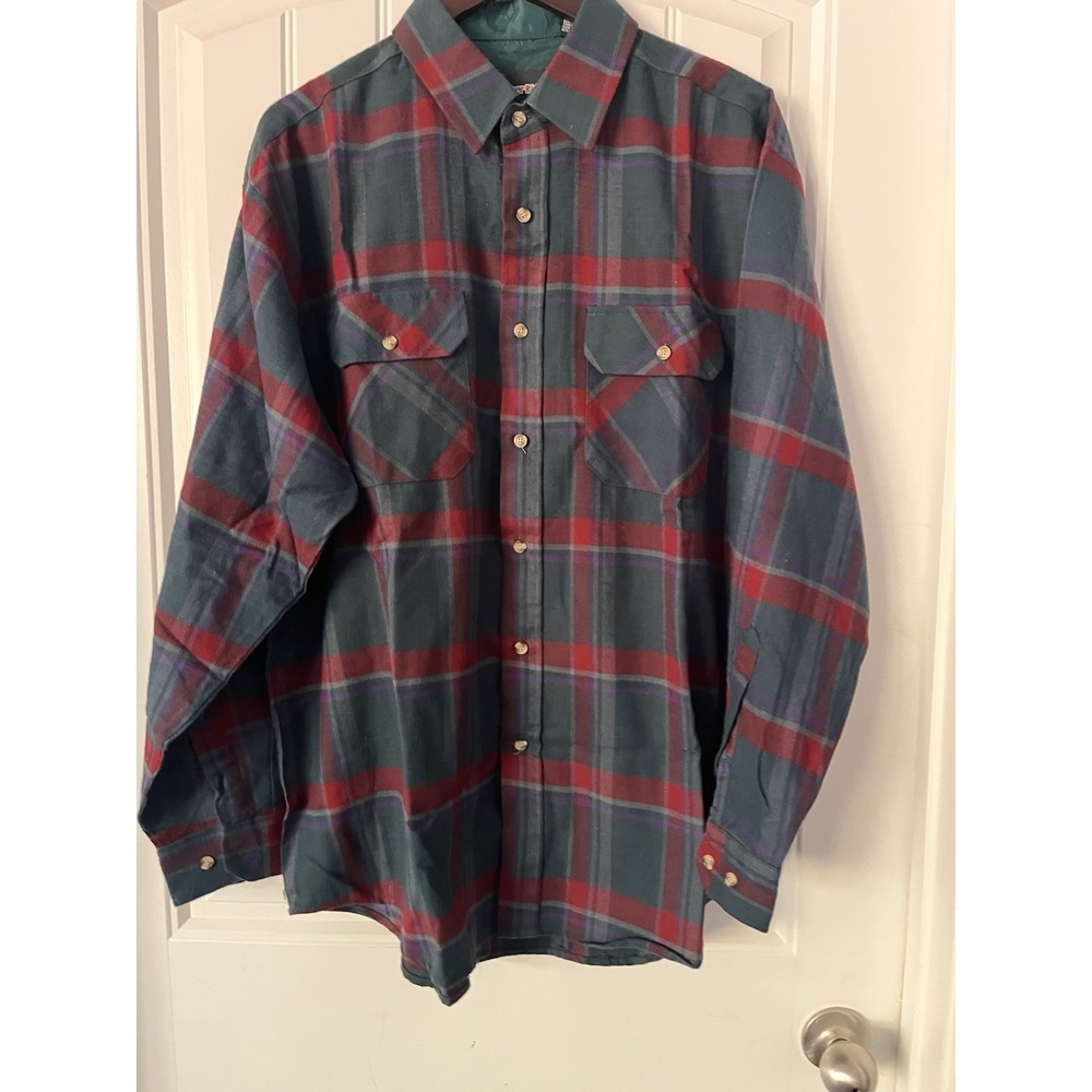 Vintage Timber Trail Acrylic Size L Plaid Flannel Button Up Green Red 019